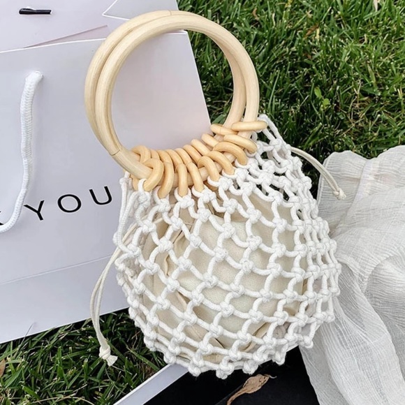 Wooden Ring Net Bag Lined Woven Beach Bag - Picture 4 of 12